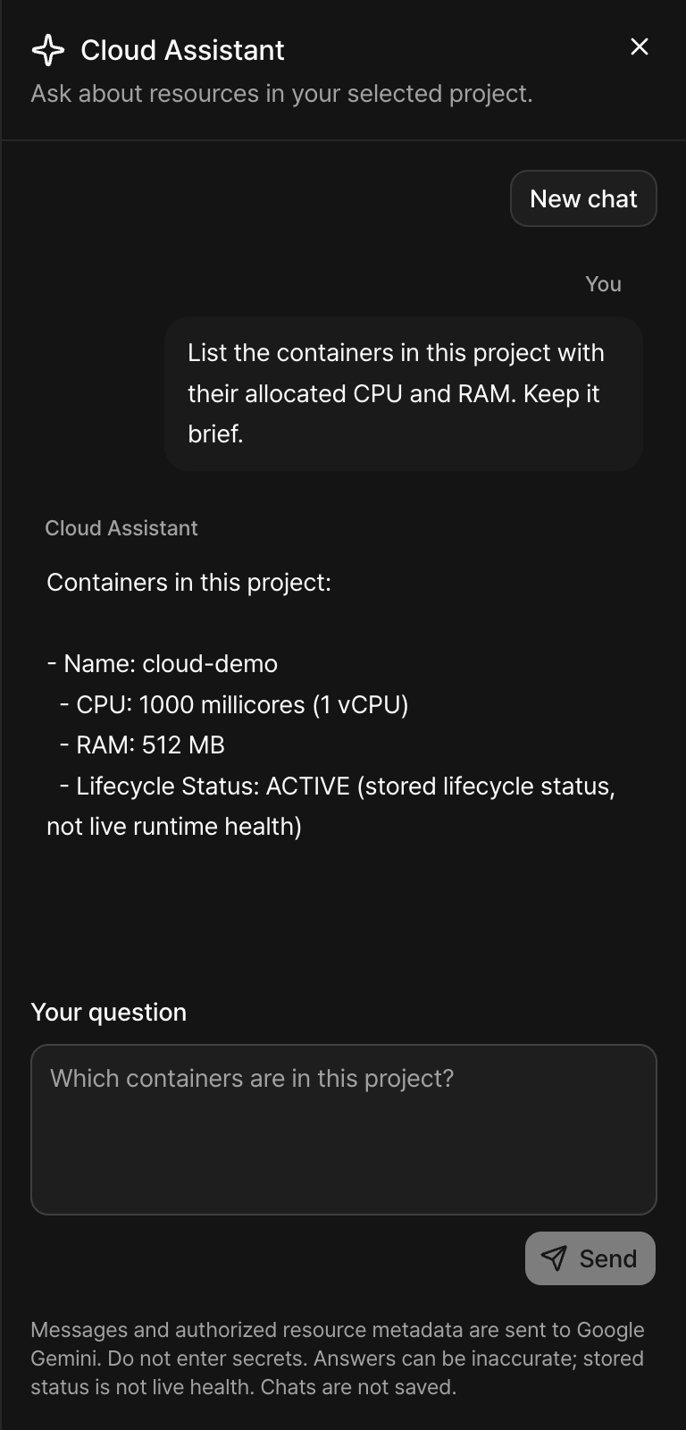 Cloud Assistant listing the cloud-demo container with its allocated CPU and memory in a right-side panel.