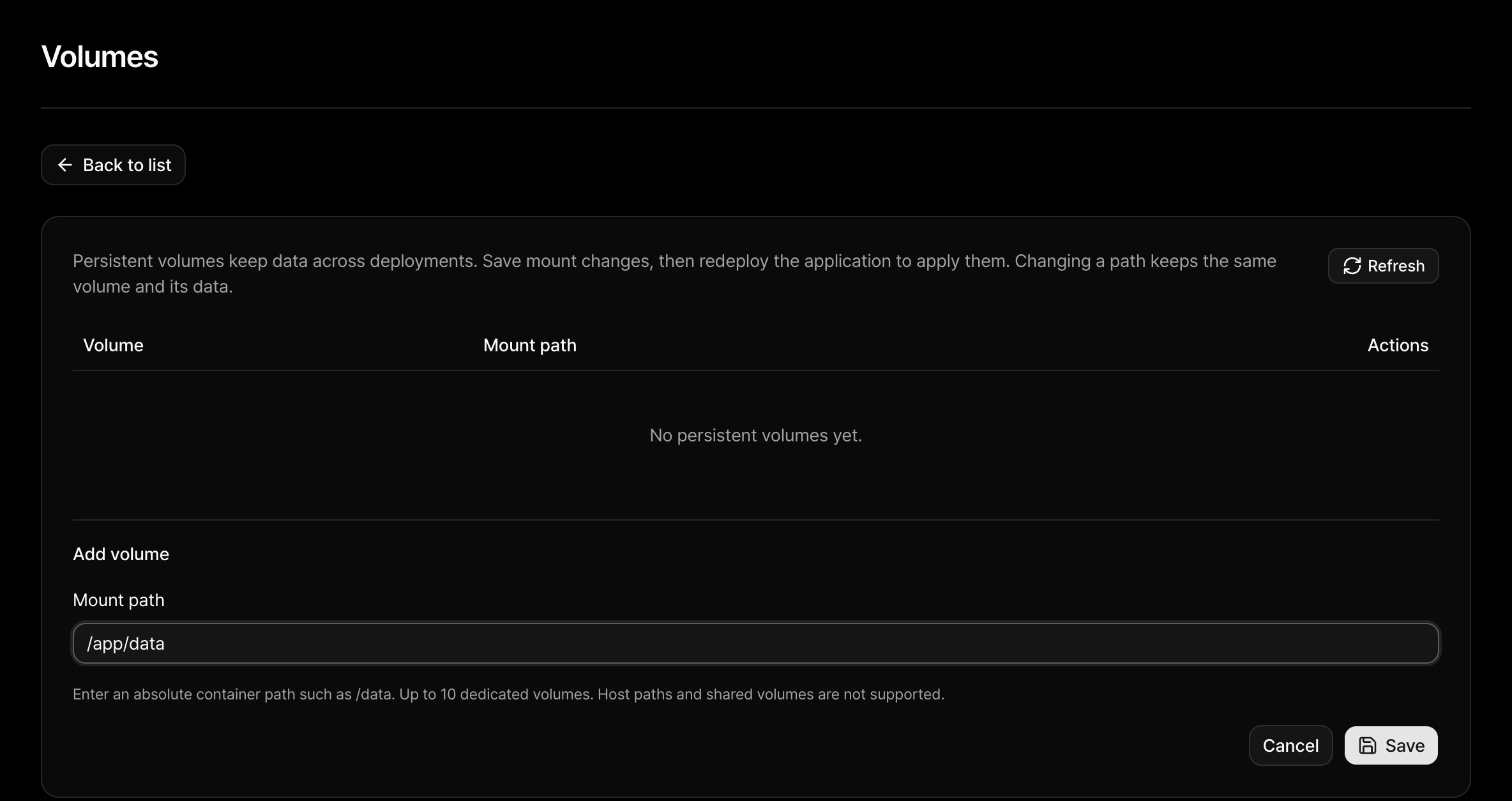 The Container Engine Volumes tab with an unsaved /app/data mount path in the Add volume form.