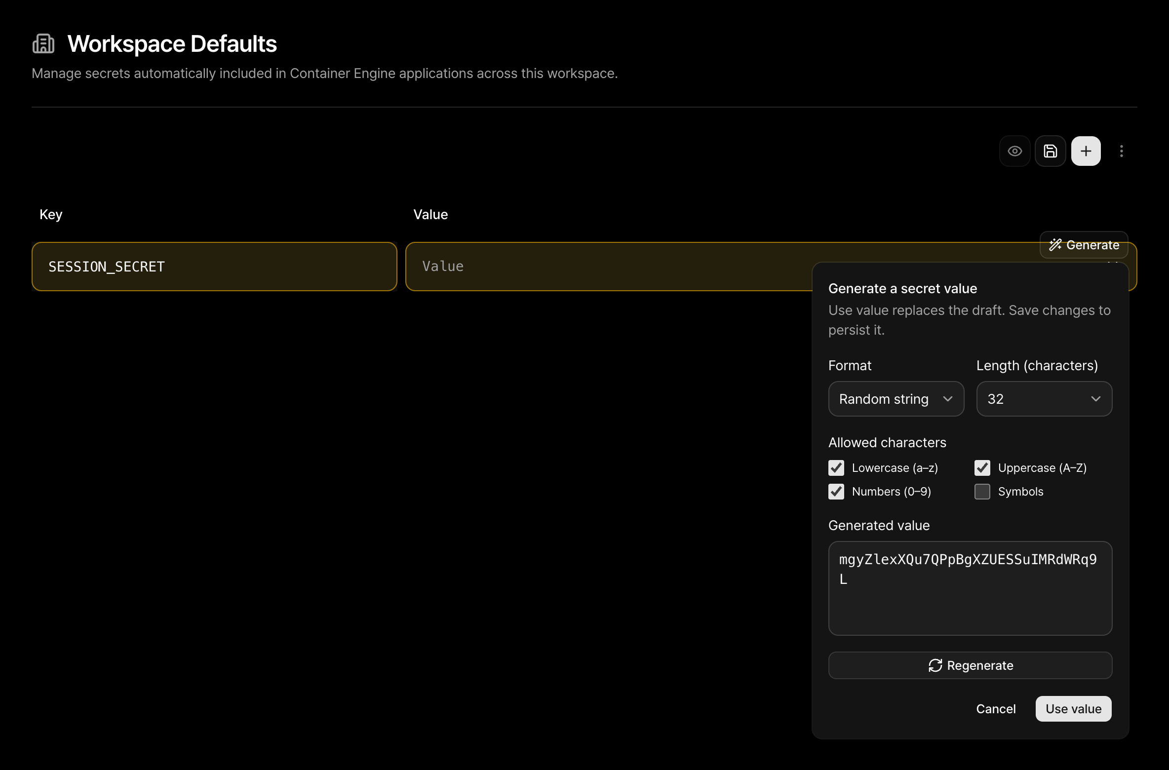 Envault's secret value generator with format, length and character options beside an unsaved SESSION_SECRET key.
